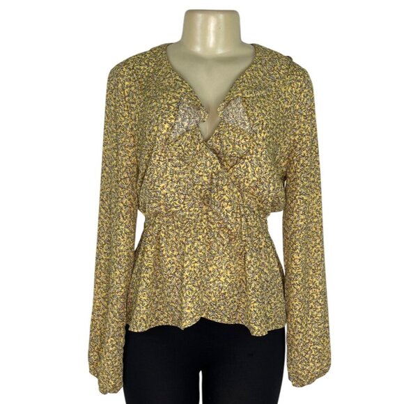 Max Studio Womens Yellow Floral Ruffle Wrap Blouse Long Sleeves Size M - Picture 1 of 6
